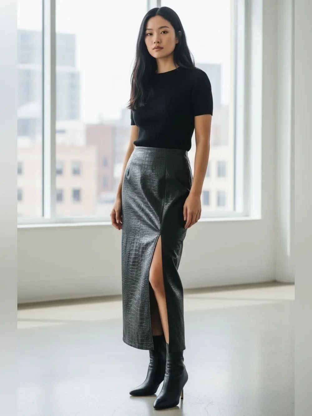 Michael Costello x Revolve Python Print Faux leather affect high slit maxi skirt